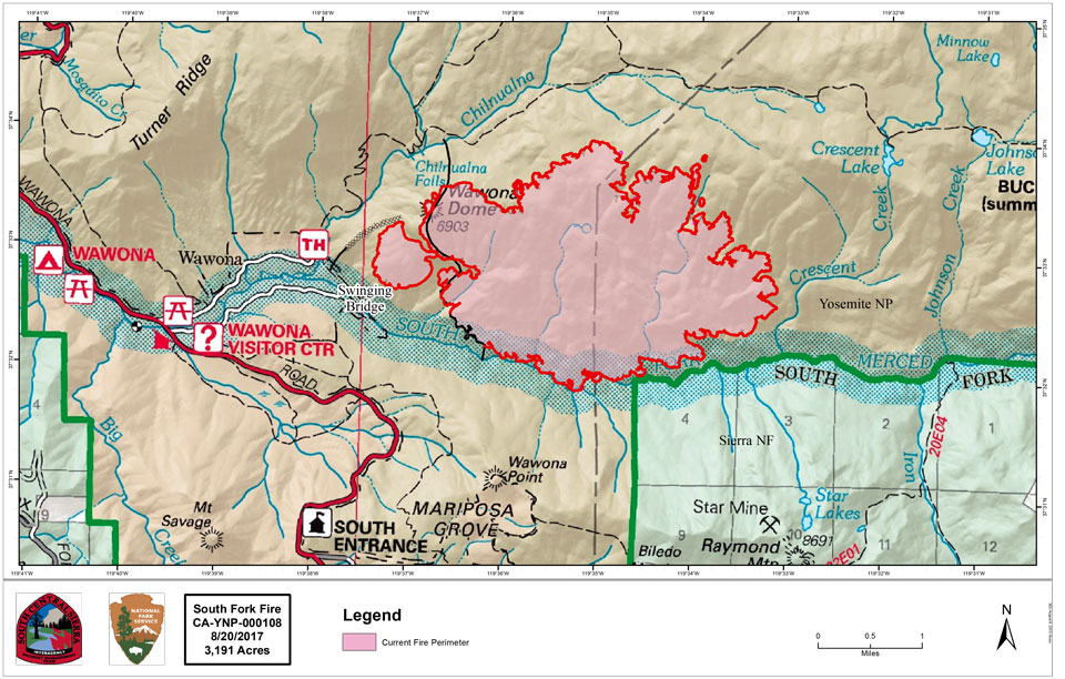 Map of the South Fork Fire burning near Wawona